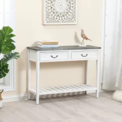 LuxenHome Farmhouse Distressed White Wood Console Table With Storage -LuxenHome GUEST d11fc8b0 b143 4cc5 b54a 141e33958668