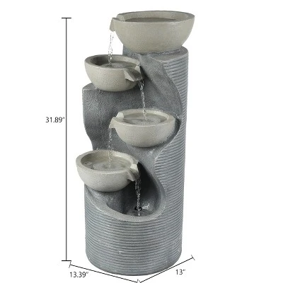 LuxenHome Modern Gray Cement Tiered Bowls Outdoor Fountain With Lights 2 LuxenHome Modern Gray Cement Tiered Bowls Outdoor Fountain With Lights - Image 2