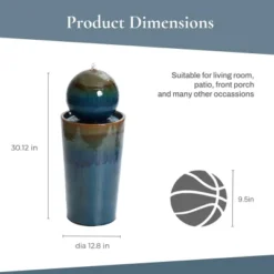LuxenHome 30" Ceramic Outdoor Water Fountain, Glazed Blue Bubbling Sphere Garden Water Fountain Outdoor And Indoor