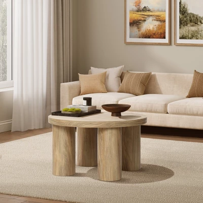 LuxenHome Round Wood Coffee Table With 4 Pillar Legs, 27.5" Modern Farmhouse Oak Finish Low Accent Table With Sturdy Base For Living Room Brown 2 LuxenHome Round Wood Coffee Table With 4 Pillar Legs, 27.5" Modern Farmhouse Oak Finish Low Accent Table With Sturdy Base For Living Room Brown - Image 2