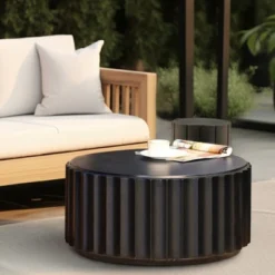 LuxenHome Black Cement 27.5" Round Coffee Table