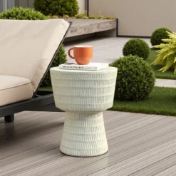 LuxenHome Outdoor Side Table, 15" Off White Round Spiral Pattern End Table,Accent Side Table For Outdoor And Indoor,Living Room,Backyard Off-White -LuxenHome GUEST d4962926 f666 4eca 8049 9688ccc7a794