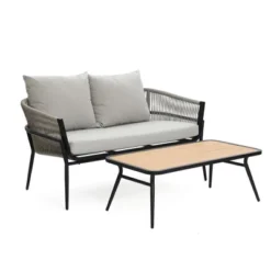 LuxenHome Outdoor Aluminum With PE Rope Loveseat Sofa With Cushions And Coffee Table Set -LuxenHome GUEST d85a68a6 50dc 43a2 825e 41daa50638ea