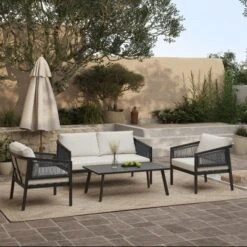 LuxenHome Outdoor Black Steel With PE Rope Armchairs With Cushions, Set Of 2 -LuxenHome GUEST d8de10f3 8989 4893 9af7 32083780769c