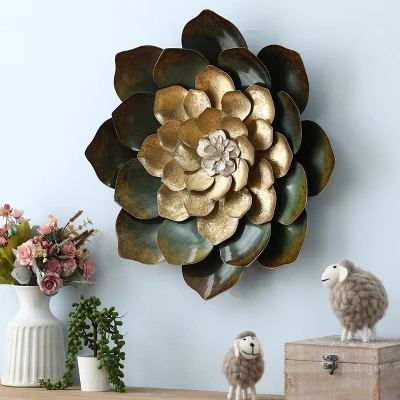 LuxenHome Green, Gold, And White Metal Flower Wall Decor 4 LuxenHome Green, Gold, And White Metal Flower Wall Decor - Image 4