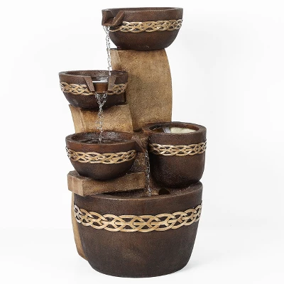 LuxenHome Brown Resin Tiered Bowls And Pot Outdoor Fountain 3 LuxenHome Brown Resin Tiered Bowls And Pot Outdoor Fountain - Image 3