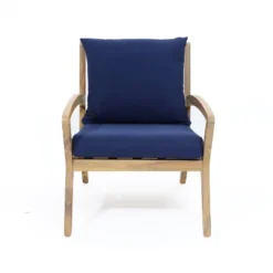 LuxenHome Outdoor Acacia Wood Side Table And Set Of 2 Armchairs With Blue Cushions -LuxenHome GUEST dd93430b 311f 4a1b a3b6 d70647b0c573