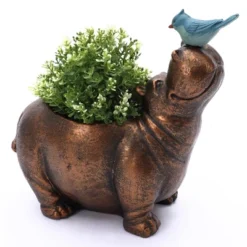 LuxenHome Brown Hippo And Blue Bird MgO Flower Pot Planter -LuxenHome GUEST ddc0debc eb7b 43c3 84ac 773fa5217bb8