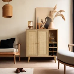 LuxenHome 35" Tall 2-Door Rattan Light Oak Finish Wood Wine And Storage Cabinet Brown -LuxenHome GUEST ddf5c850 636f 4548 9991 c8c86bc6c419