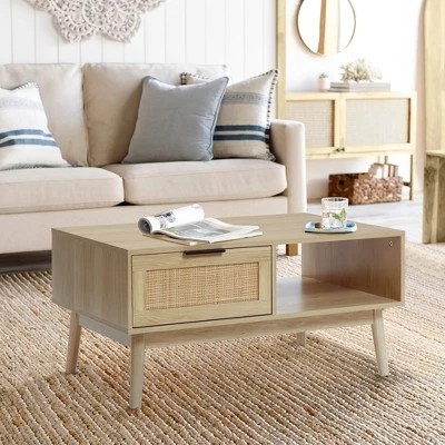 LuxenHome White Oak Finish Wood And Rattan Coffee Table Brown 3 LuxenHome White Oak Finish Wood And Rattan Coffee Table Brown - Image 3