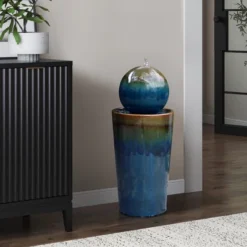 LuxenHome 30" Ceramic Outdoor Water Fountain, Glazed Blue Bubbling Sphere Garden Water Fountain Outdoor And Indoor -LuxenHome GUEST df1ae535 2c0c 497e a12b b97a4c88560a