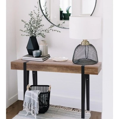 LuxenHome Oak Finish MDF Wood Black Metal Console & Entry Table 9 LuxenHome Oak Finish MDF Wood Black Metal Console & Entry Table - Image 9