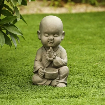 LuxenHome 12.01" Gray MgO Meditating Buddha Monk With Bowl And Beads Garden Statue 1 LuxenHome 12.01" Gray MgO Meditating Buddha Monk With Bowl And Beads Garden Statue