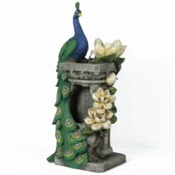 LuxenHome Resin Blue And Green Peacock Outdoor Fountain Garden Fountain With LED Light -LuxenHome GUEST e2854f46 b087 435b 8fb3 c282ae165230