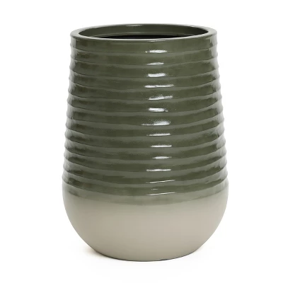 LuxenHome Decorative Resin Planter – Emerald Ribbed Top And Ivory Base With Drainage Hole 8 LuxenHome Decorative Resin Planter – Emerald Ribbed Top And Ivory Base With Drainage Hole - Image 8