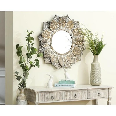 LuxenHome Distressed Brown And White Leaf Wreath Metal Frame Wall Mirror 2 LuxenHome Distressed Brown And White Leaf Wreath Metal Frame Wall Mirror - Image 2