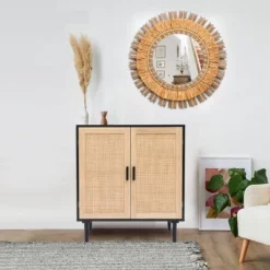 LuxenHome Black And Brown Wood 2-Door Storage Cabinet.