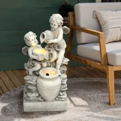 LuxenHome 30” Gray Resin Cherub Angels Outdoor Water Fountain With LED Lights, Garden Fountain Decor For Yard -LuxenHome GUEST e4383d81 fd3a 437f bae9 10dbeefc68fe