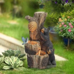LuxenHome 21.9" H Bear And Honey Beehive Tree Resin Outdoor Fountain With Lights Brown -LuxenHome GUEST e445c1e6 1a76 445e 9149 2981da0a172e