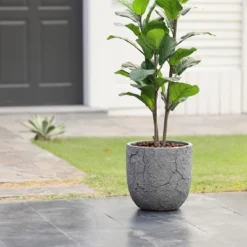 LuxenHome Crackle Gray MgO 14.6" Round Flower Pot Planter