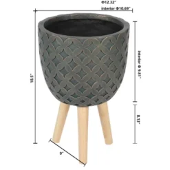 LuxenHome Butterfly Embossed Brown 12.3" Round MgO Planter With Wood Legs -LuxenHome GUEST e4ff7b30 b013 42a5 b0a2 50f782cfb294