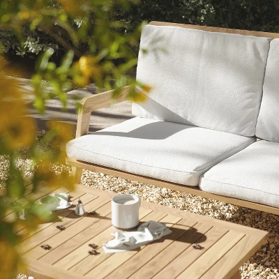 LuxenHome Outdoor Acacia Wood Coffee Table And Loveseat With Cushions 3 LuxenHome Outdoor Acacia Wood Coffee Table And Loveseat With Cushions - Image 3
