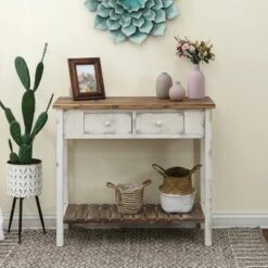 LuxenHome Distressed White And Wood 2-Drawer 1-Shelf Console Table And Entry Table