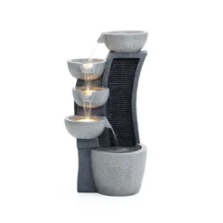 LuxenHome 26" Modern Outdoor Water Fountain With Planter And Lights, Resin Cascading Bowl Garden Waterfall Indoor And Outdoor Use Gray -LuxenHome GUEST e61f194b 7e3c 48d1 bac8 d32454544339