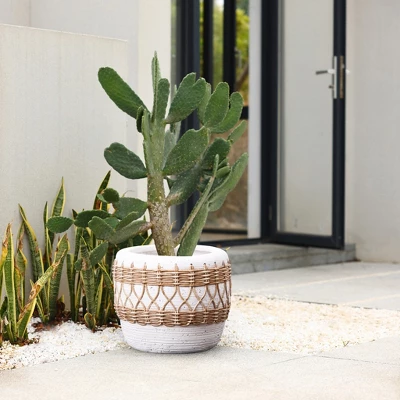LuxenHome Boho MgO Planter – White Round Pot With Brown Accents & Drainage Hole 1 LuxenHome Boho MgO Planter – White Round Pot With Brown Accents & Drainage Hole