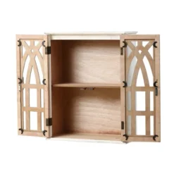 LuxenHome Farmhouse White And Natural MDF Wood Cathedral-Style 2-Door Wall Cabinet -LuxenHome GUEST e75d238c 4fd1 4380 b249 c07f57497276
