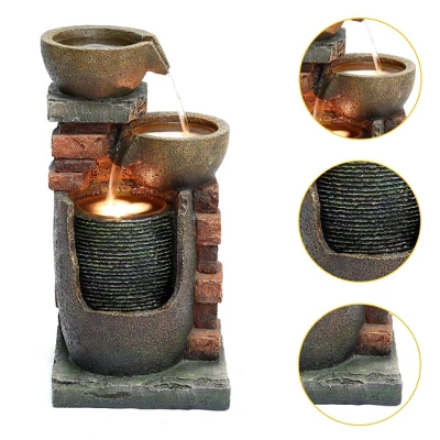 LuxenHome 23" H Bowls And Bricks Resin Outdoor Fountain With Lights Brown 10 LuxenHome 23" H Bowls And Bricks Resin Outdoor Fountain With Lights Brown - Image 10