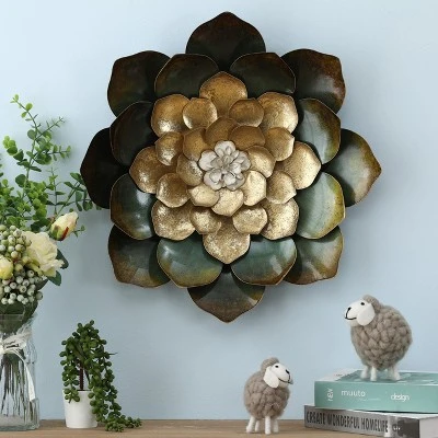 LuxenHome Green, Gold, And White Metal Flower Wall Decor 1 LuxenHome Green, Gold, And White Metal Flower Wall Decor