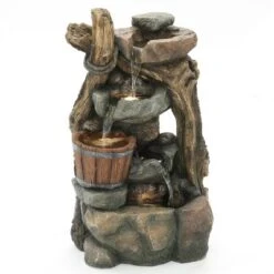 LuxenHome Resin Stacked Rock Wall And Barrel Outdoor Fountain With Lights Brown -LuxenHome GUEST eb1035f5 dafd 47e3 9f60 ea3a4486f794