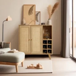 LuxenHome 35" Tall 2-Door Rattan Light Oak Finish Wood Wine And Storage Cabinet Brown -LuxenHome GUEST ebdfae5c e754 4f6c b525 1be93e0179ea