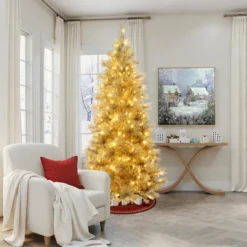 LuxenHome 7.5Ft Pre-Lit Gold Tinsel Artificial Pine Tree With Metal Stand -LuxenHome GUEST ecac5108 6f08 4816 affc e62185531758