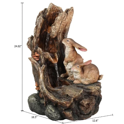 LuxenHome Resin Two Bunnies Tree Stump Outdoor Fountain With LED Lights 9 LuxenHome Resin Two Bunnies Tree Stump Outdoor Fountain With LED Lights - Image 9