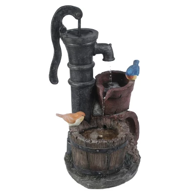 LuxenHome Resin Farmhouse Barrel And Water Pump Outdoor Fountain 3 LuxenHome Resin Farmhouse Barrel And Water Pump Outdoor Fountain - Image 3