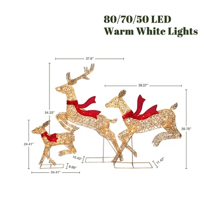 LuxenHome 3-Piece Champagne Gold PET Running Deer Family Outdoor Holiday Decoration With Lights Brown, Red 1 LuxenHome 3-Piece Champagne Gold PET Running Deer Family Outdoor Holiday Decoration With Lights Brown, Red