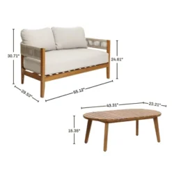 LuxenHome Outdoor Acacia Wood With Rope Sides Club Loveseat With Cushions And Coffee Table -LuxenHome GUEST f0566c06 9ce0 4be5 be26 de6aad462d27