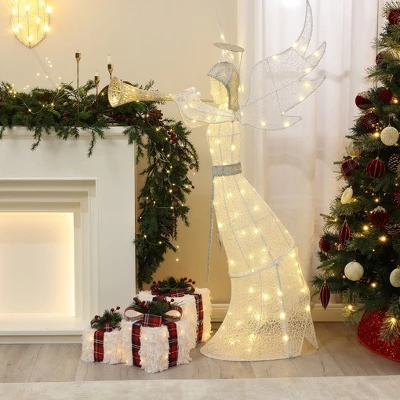 LuxenHome 5Ft Angel Playing Gold Trumpet Outdoor Holiday Decoration With Lights White, Sliver, Gold 2 LuxenHome 5Ft Angel Playing Gold Trumpet Outdoor Holiday Decoration With Lights White, Sliver, Gold - Image 2