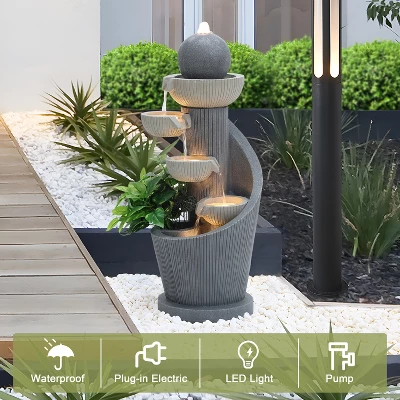 LuxenHome 29" Tall Outdoor Water Fountain With Lights, Resin Cascading Bowl Small Garden Waterfall Indoor And Outdoor Use Gray 4 LuxenHome 29" Tall Outdoor Water Fountain With Lights, Resin Cascading Bowl Small Garden Waterfall Indoor And Outdoor Use Gray - Image 4