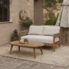 LuxenHome Outdoor Acacia Wood With Rope Sides Club Loveseat With Cushions And Coffee Table