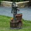 LuxenHome Resin Farmhouse Barrel And Water Pump Outdoor Fountain