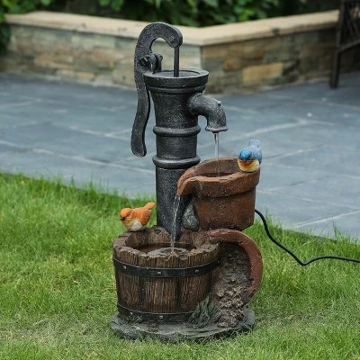 LuxenHome Resin Farmhouse Barrel And Water Pump Outdoor Fountain 1 LuxenHome Resin Farmhouse Barrel And Water Pump Outdoor Fountain