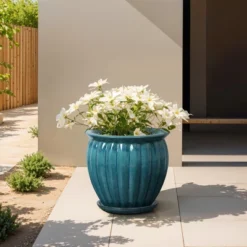 LuxenHome Sea Blue Bowl Round Ceramic Decorative Planter Pot