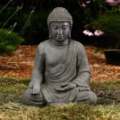 LuxenHome 19.75" Gray MgO Meditating Buddha Garden Statue