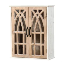 LuxenHome Farmhouse White And Natural MDF Wood Cathedral-Style 2-Door Wall Cabinet -LuxenHome GUEST fa4615da 1130 4396 9ab9 88b1c1eebfef