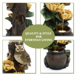 LuxenHome 28 Inch Outdoor Water Fountain, Owl And Sunflower Cascading Waterfall Fountain Outdoor And Indoor With LED Lights Brown -LuxenHome GUEST fb0bd88d 5625 4ebe aded 07380bb79309