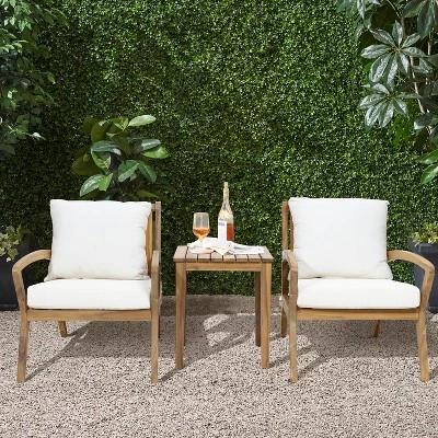 LuxenHome Outdoor Acacia Wood Side Table And Set Of 2 Armchairs With White Cushions 1 LuxenHome Outdoor Acacia Wood Side Table And Set Of 2 Armchairs With White Cushions