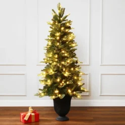 LuxenHome 4.5Ft Pre-Lit Artificial Pine Christmas Tree With Pinecones And Black Urn Planter Pot Green -LuxenHome GUEST fd7aee30 6a94 49a4 b449 d039e848a336
